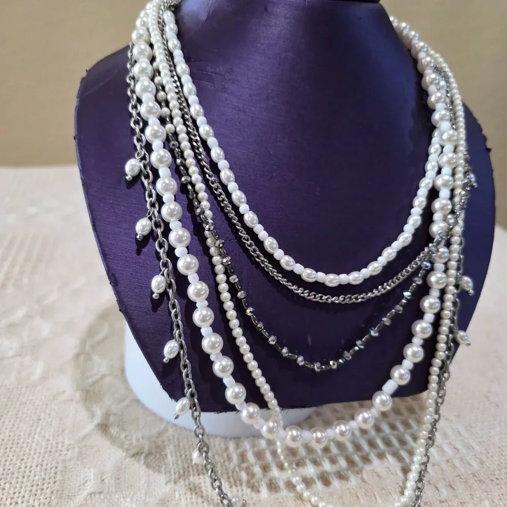 Pearls and Silver Chains Six 6 Strand Layered Vintage Long Elegant Necklace